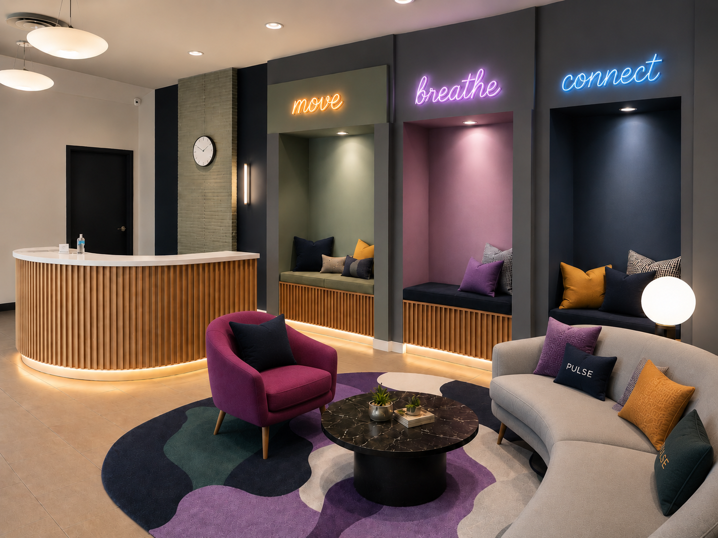 PULSE Studio lobby with curved wood reception desk and neon move/breathe/connect signs