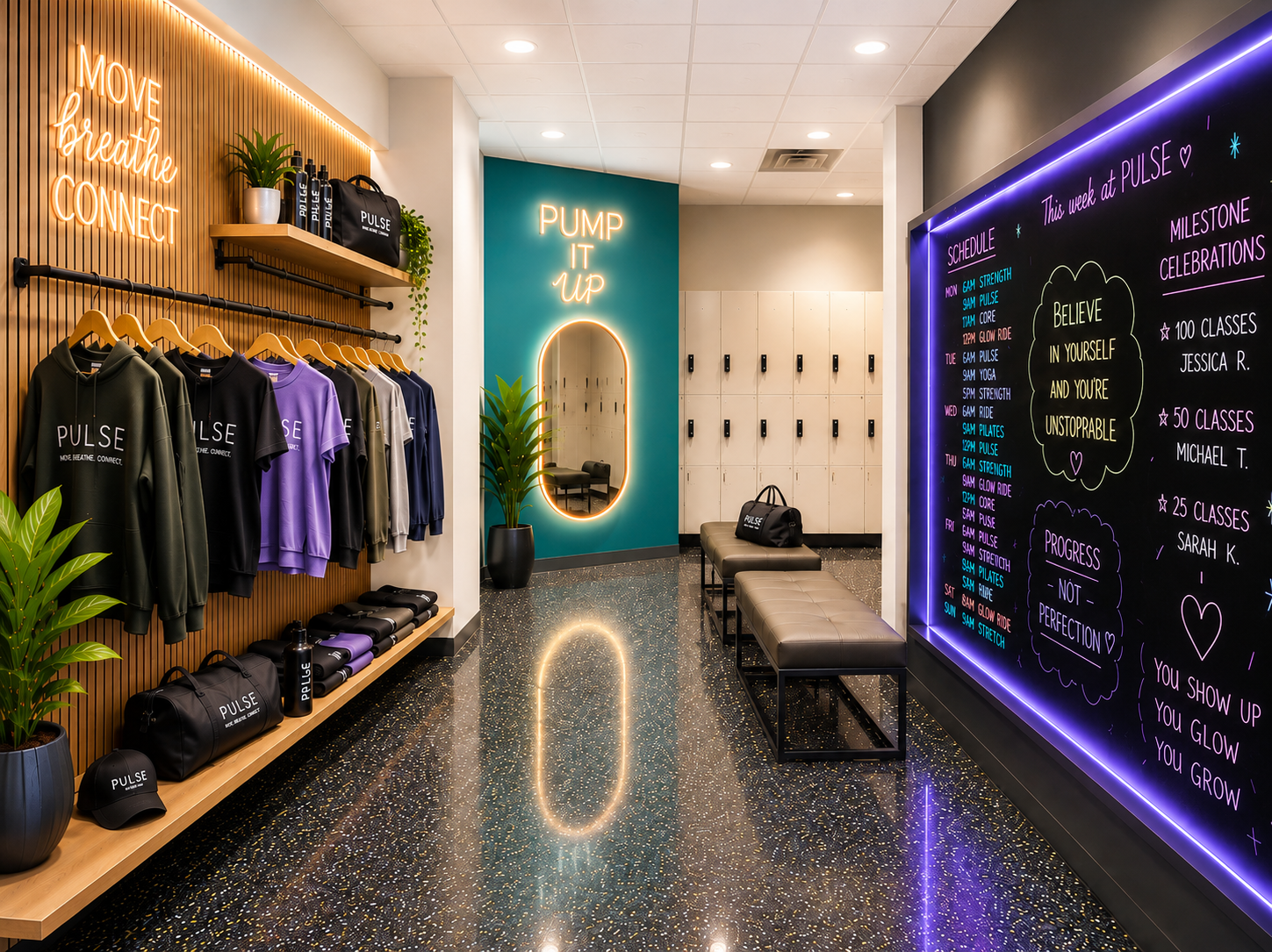 PULSE retail and locker area with branded apparel and neon signage