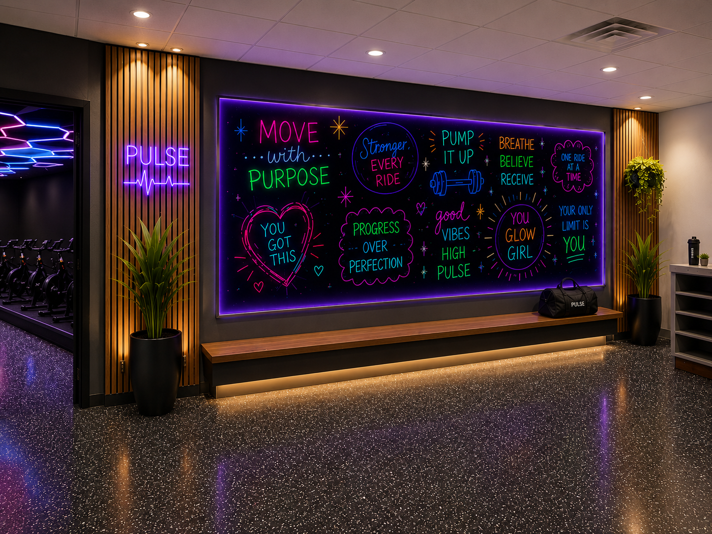 PULSE neon motivational quote wall in the studio lobby